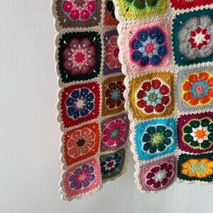 Awesome Bright Floral Crochet Granny Square Scarf with Scalloped Edge